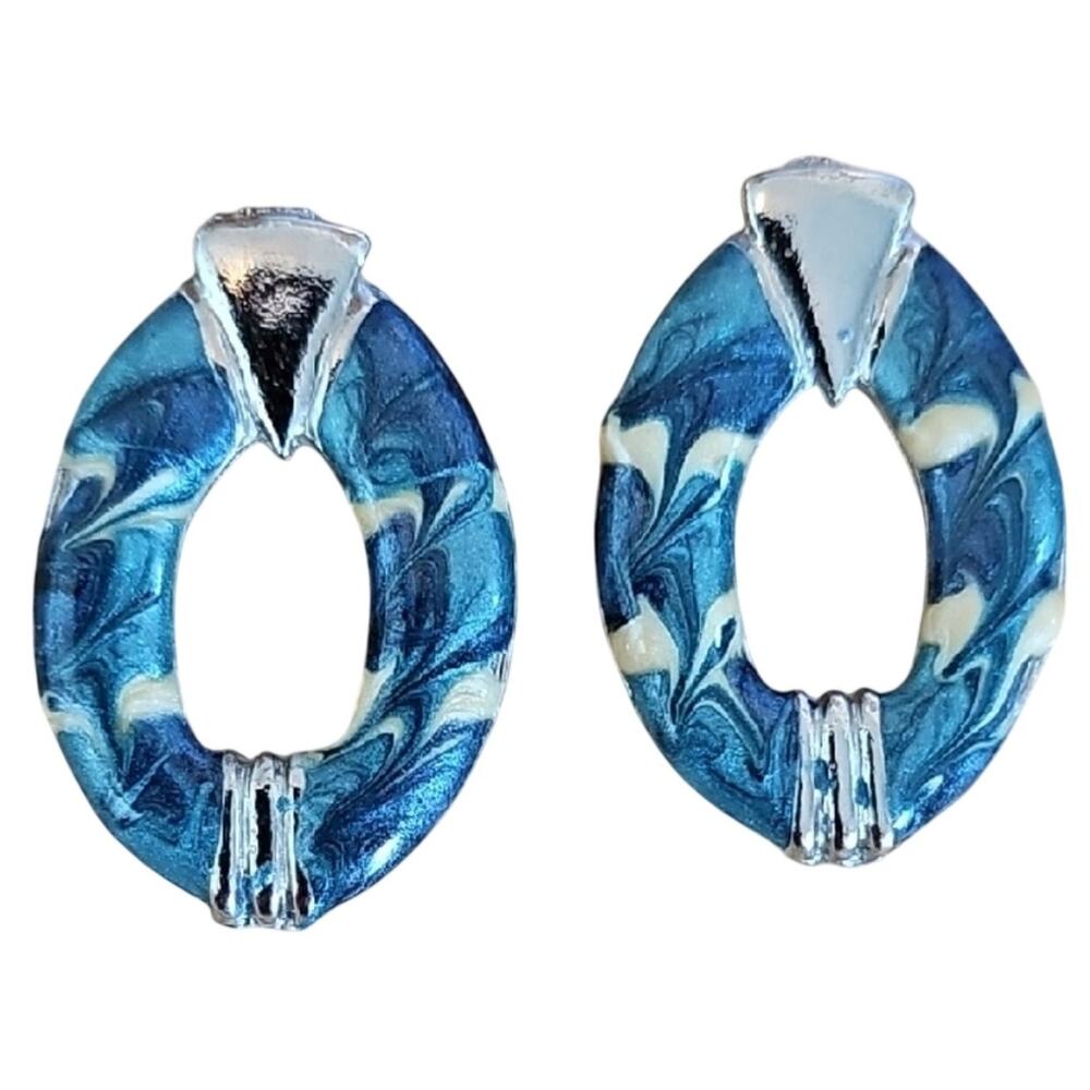 Made in USA Beautiful Silvertone Blue Cream Enamel Swirl Oval Drop Post Earrings